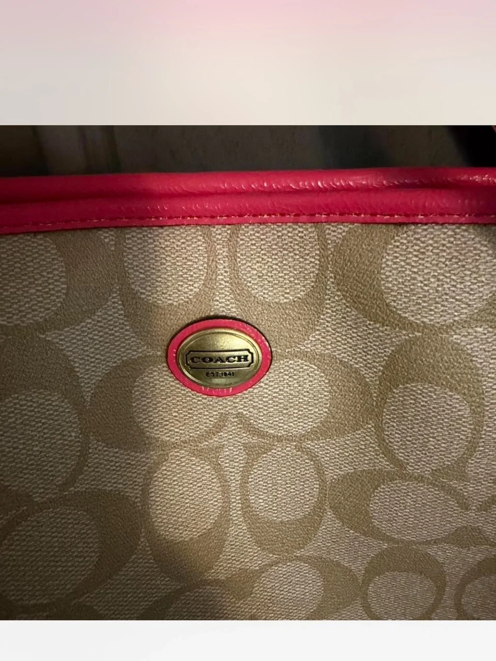 Coach Beige Signature Canvas Tote with Pink Trim